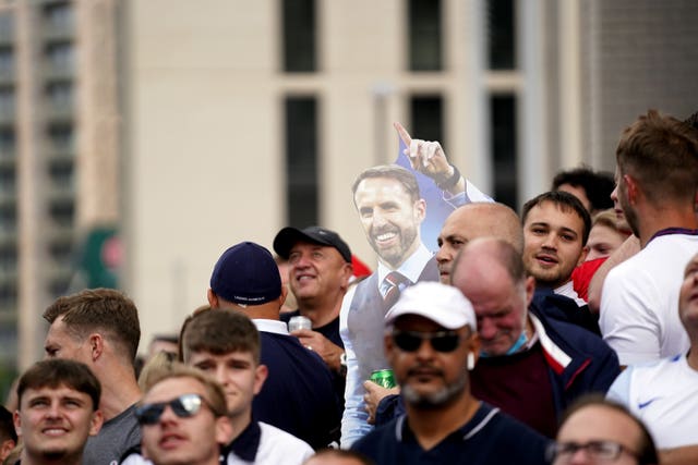 England fans with a cut-out of Gareth Southgate outside Wembley