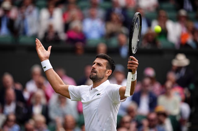 Novak Djokovic raises his arms in the direction of the crowd