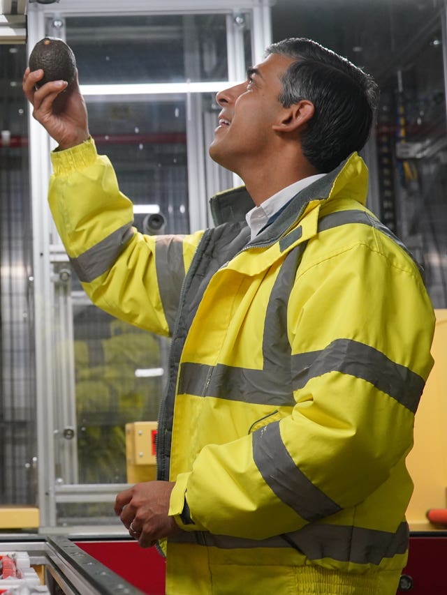 Rishi Sunak, dressed in a hi-vis jacket, holds an avocado in the air as he inspects it