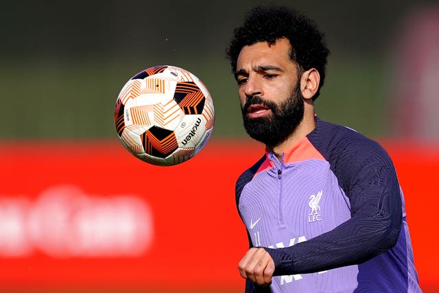 Liverpool’s Mohamed Salah during a training session at