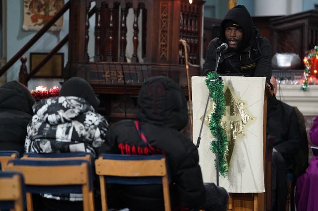 Faron Alex Paul speaking during a vigil at St Mary Magdalene church in Woolwich, south London, for 14-year-old Kelyan Bokassa who was stabbed to death on a London Bus