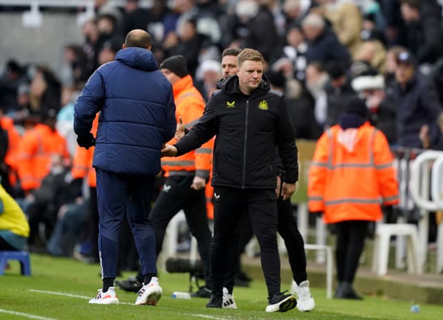 Newcastle head coach Eddie Howe (right) has seen his side lose six of its last seven games in all competitions
