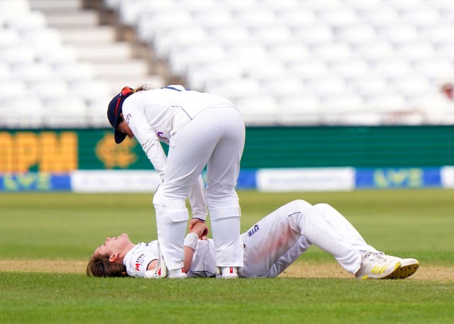 Nat Sciver-Brunt fell to the floor in a heap at the end of an over (Tim Goode/PA)