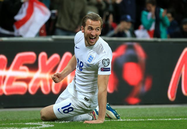 Harry Kane celebrates scoring his fist senior England goal, the fourth in a 4-0 Euro 2016 qualifier victory over Lithuania, just seconds into his debut as a substitute