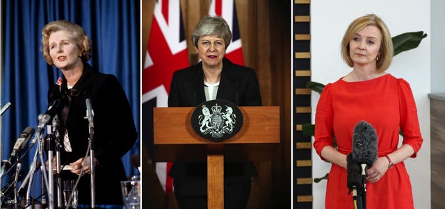 Former prime ministers Margaret Thatcher and Theresa May, and Liz Truss, who has secured her place as the UK’s third female prime minister after beating Rishi Sunak in the election for the leadership of the Conservative Party