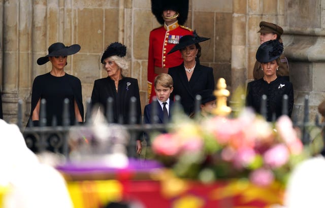 The Duchess of Sussex, the Queen Consort, Prince George, the Princess of Wales, Princess Charlotte and the Countess of Wessex after the Queen's state funeral