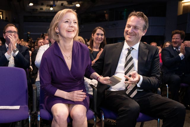 Liz Truss with her husband Hugh O’Leary at the Queen Elizabeth II Centre in London as it was announced she is the new Conservative Party leader and will become the next prime minister