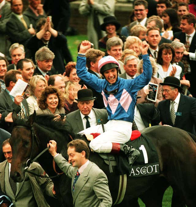 Frankie Dettori celebrates on Fujiyama Crest after winning all seven races at Ascot in 1996 