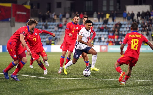 England forward Ollie Watkins takes on the Andorra defence in a World Cup qualifier in October 2021