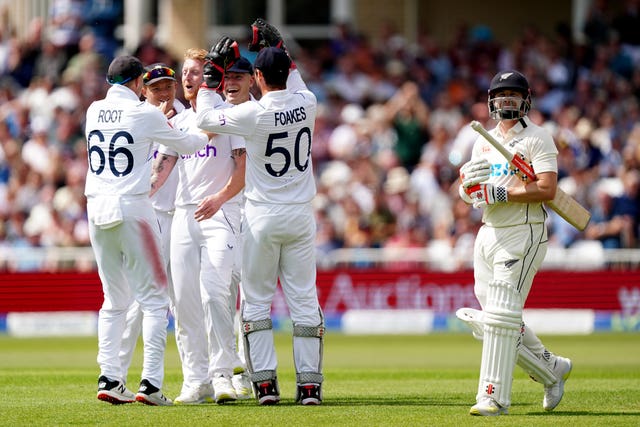 Ben Stokes celebrates taking the wicket of New Zealand’s Henry Nicholls