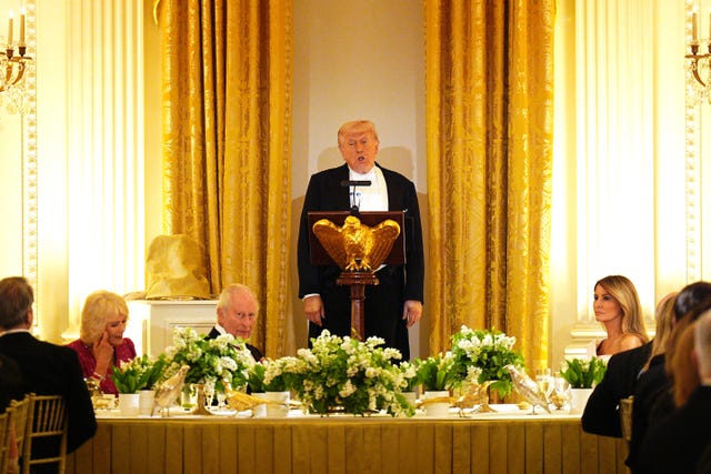 President Donald Trump gives a speech at the State Dinner