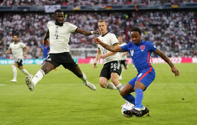 Germany’s Antonio Rudiger (left) and England’s Raheem Sterling battle for the ball during the UEFA Nations League match at the Allianz Arena in Munich, Germany. Picture date: Tuesday June 7, 2022.