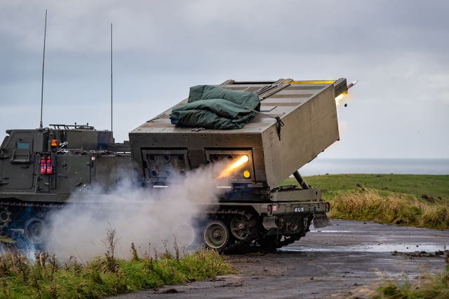 A Guided Multiple Launch Rocket System (GMLRS) firing