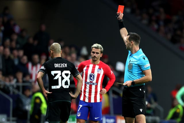 Celtic’s Daizen Maeda (left) sees red