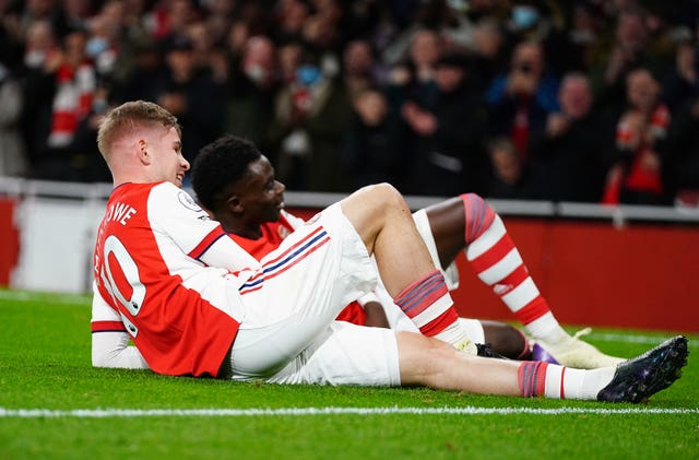 Emile Smith Rowe and Bukayo Saka celebrate a goal