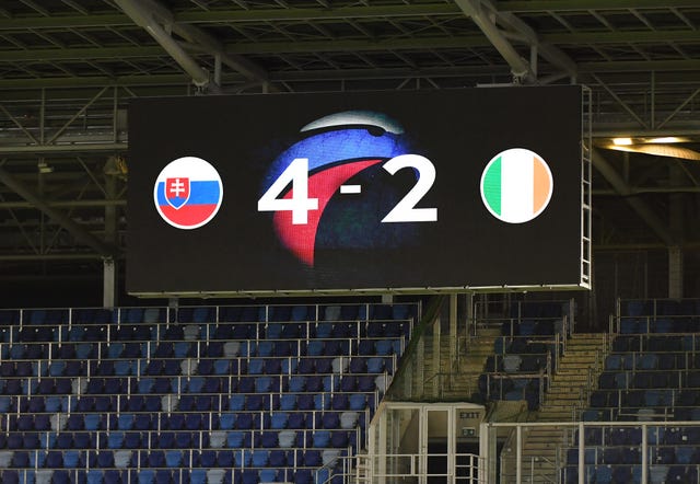 The big screen at he Narodny Stadium displays the final score after Slovakia get the better of the Republic of Ireland on penalties