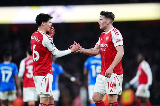 Arsenal’s Viktor Gyokeres, right, celebrates with Christian Norgaard after the win over Sunderland