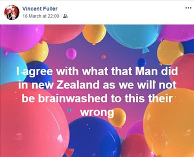 A Facebook post by Vincent Fuller before carrying out the terror attack