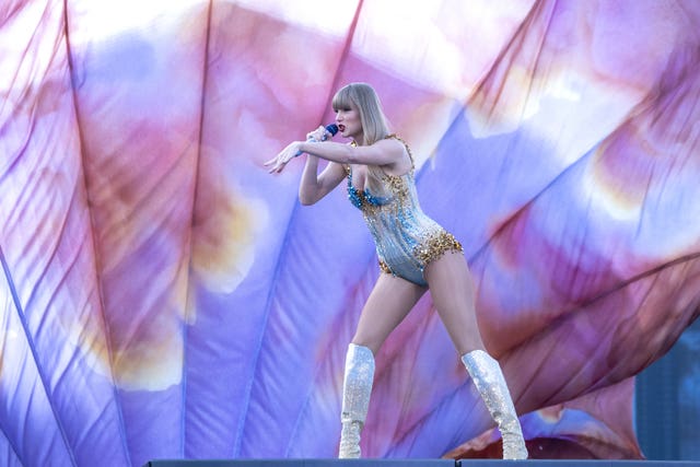 Taylor Swift on stage during an Eras Tour performance at Murrayfield Stadium in Edinburgh 