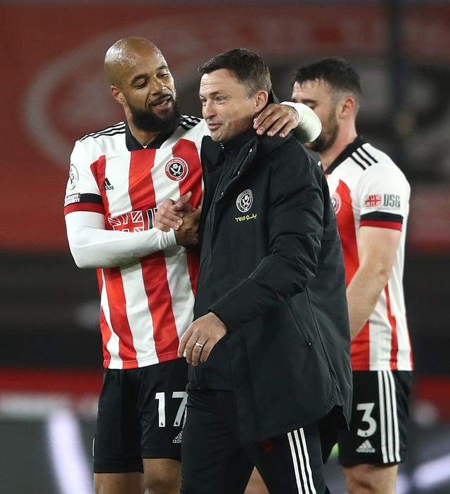 Sheffield United interim manager Paul Heckingbottom celebrates with David McGoldrick