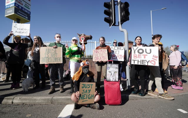 Protesters outside Aintree on Saturday 