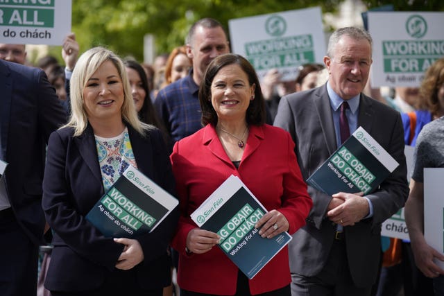 Sinn Fein vice president Michelle O’Neill, left to right, party leader Mary Lou McDonald and MLA Conor Murphy 