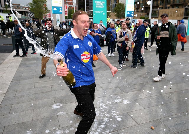 Leicester fans celebrate outside Wembley 
