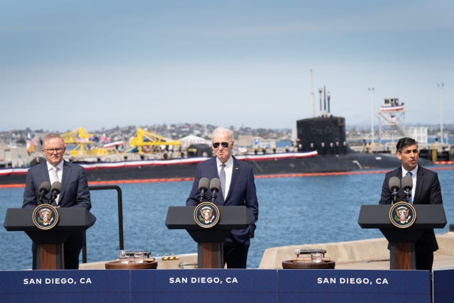 Prime Minister Rishi Sunak during a press conference with US President Joe Biden and Prime Minister of Australia Anthony Albanese at Point Loma naval base in San Diego, US