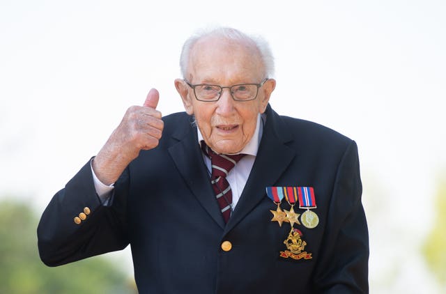 99-year-old war veteran Captain Tom Moore at his home in Marston Moretaine, Bedfordshire, after he achieved his goal of 100 laps of his garden – raising more than 12 million pounds for the NHS.