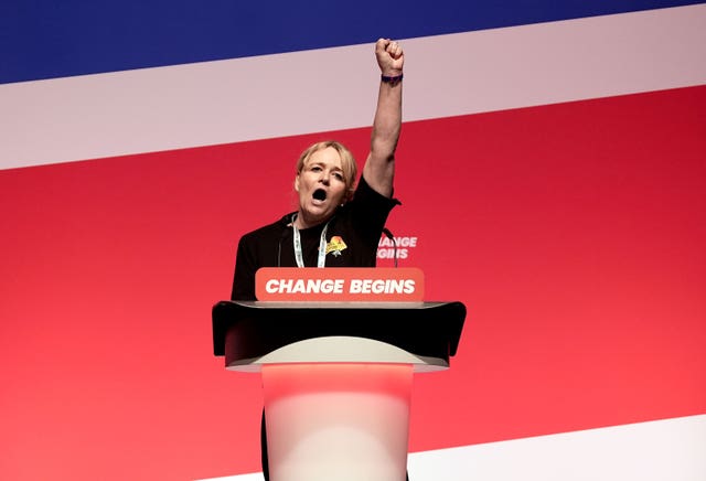 Unite general secretary Sharon Graham speaks during the Labour Party conference 