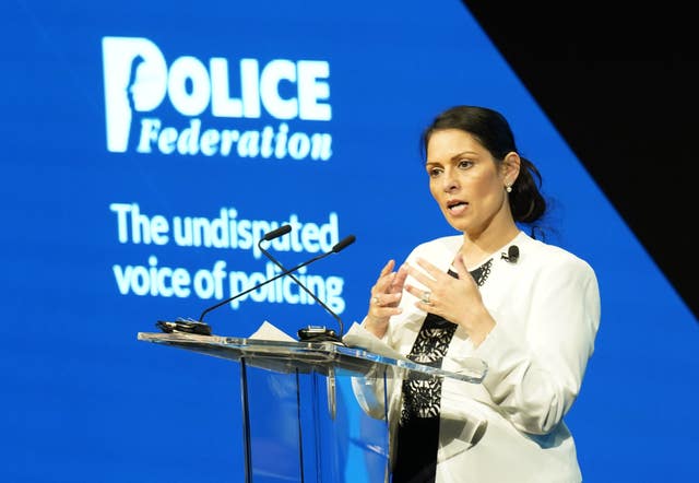 Home Secretary Priti Patel speaking at the annual conference of the Police Federation of England and Wales at the Central Convention Complex in Manchester