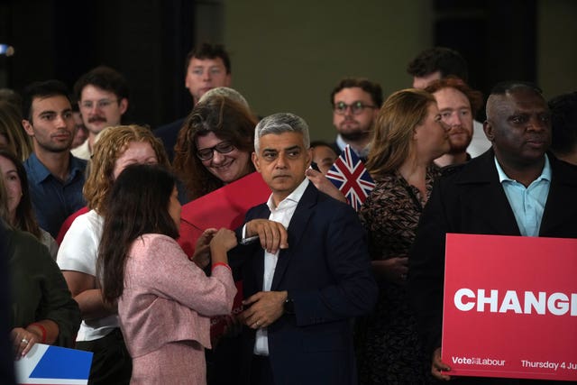 Sadiq Khan with Labour supporters at a watch party for the results of the 2024 General Election in central London