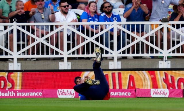 England’s Jacob Bethell catches out India’s Shreyas Iyer on the boundary