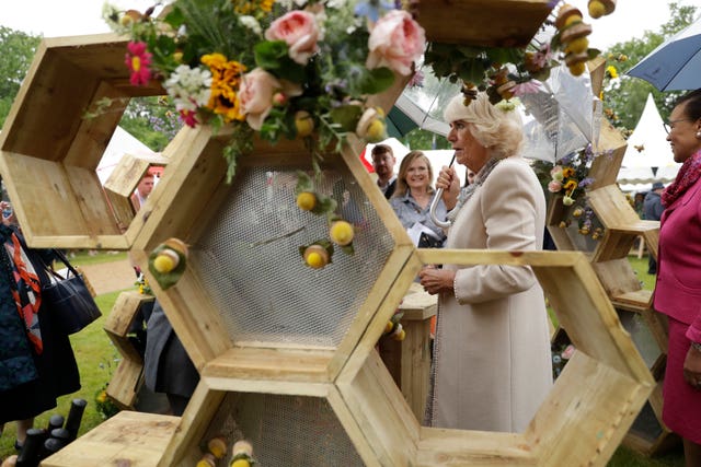 The Duchess of Cornwall at the Bees for Development biennial Bee Garden Party at Marlborough House in 2019