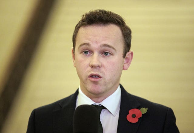 Alliance deputy leader Eoin Tennyson MLA speaking during a press conference at Stormont on Monday