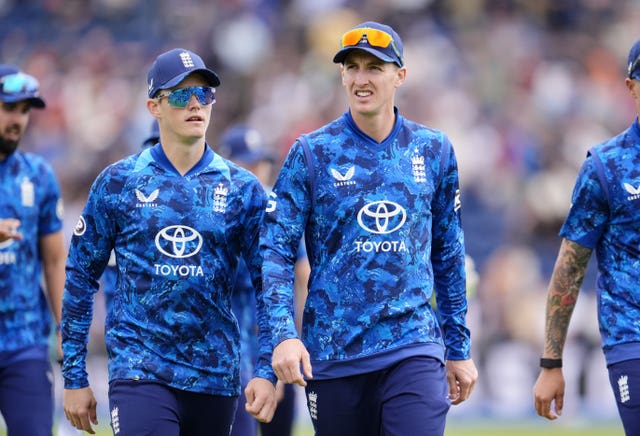 Jacob Bethell and Harry Brook during an England ODI