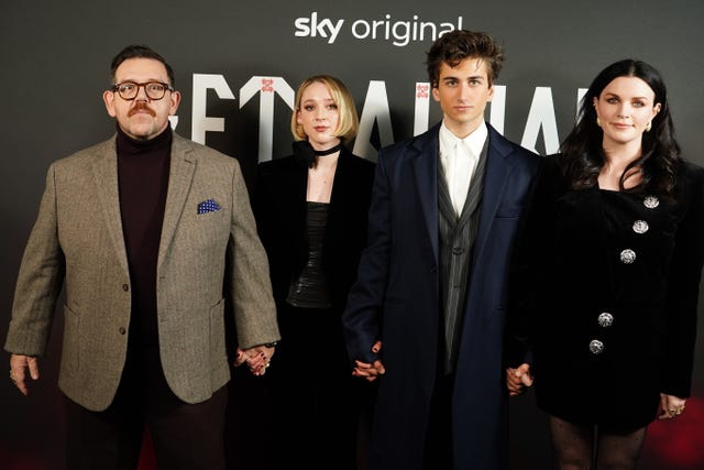 Nick Frost, Maisie Ayres, Sebastian Croft and Aisling Bea attending the UK premiere of Get Away at Picturehouse Central in London 