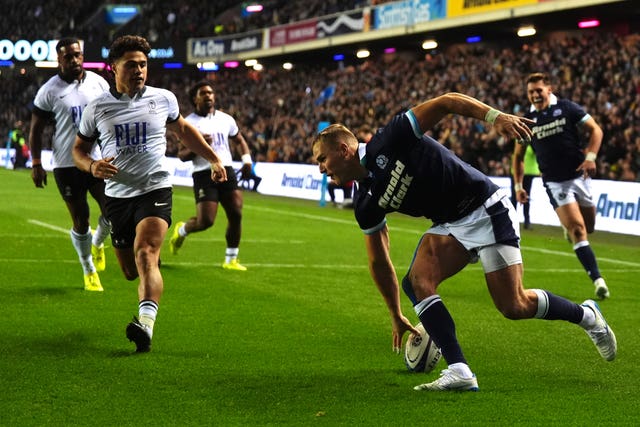 Scotland’s Duhan van der Merwe scores his side’s seventh try 