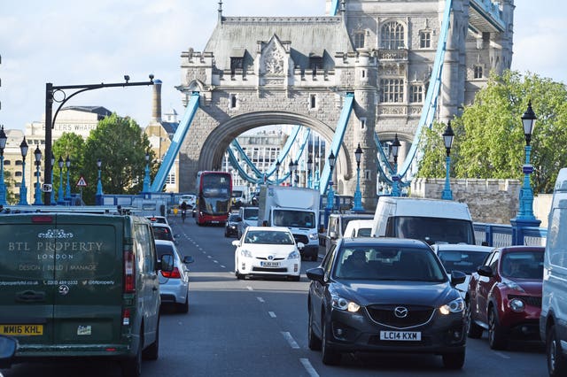 Bumper-to-bumper traffic on an approach road to Tower Bridge in London on Monday