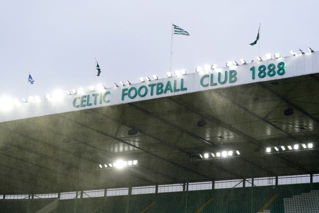 A general view of heavy rain falling at Celtic Park, Glasgow