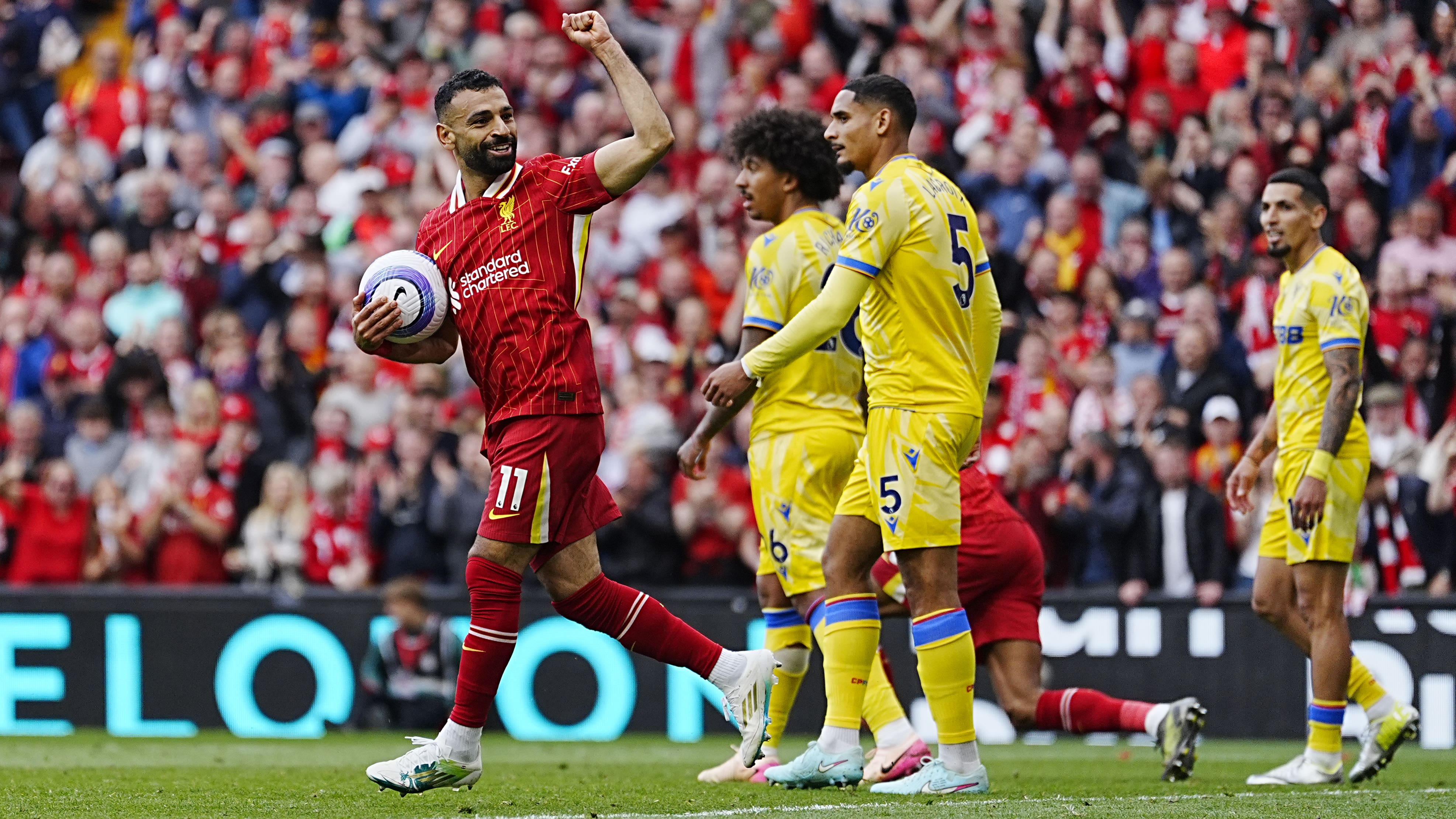 Mohamed Salah celebrates scoring Liverpool’s opener (Peter Byrne/PA)