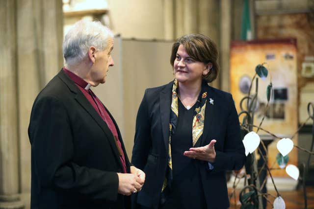 Arlene Foster is given a tour of St Patrick’s Cathedral in Dublin by Church of Ireland Archbishop of Dublin and Bishop of Glendalough Michael Jackson