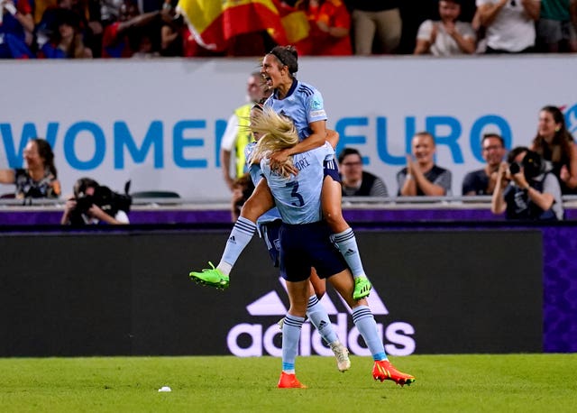 Spain’s Marta Cardona celebrates after scoring against Denmark
