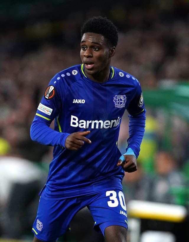 Bayer Leverkusen’s Jeremie Frimpong during the UEFA Europa League Group G match at Celtic Park, Glasgow