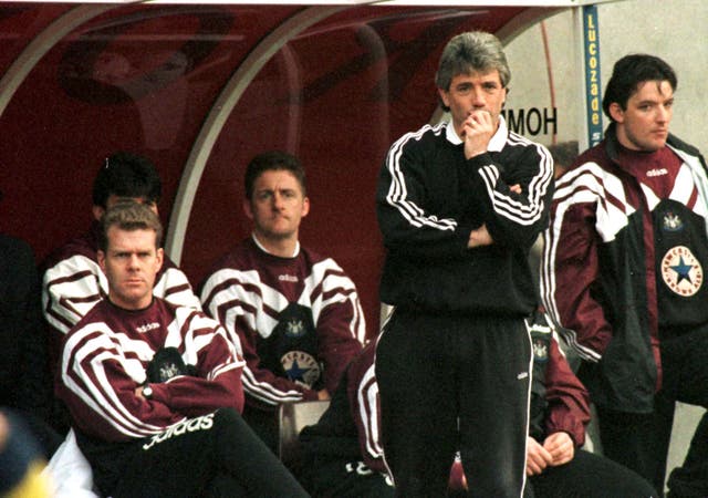 Kevin Keegan and the Newcastle bench look on anxiously as they play the final game of the season.