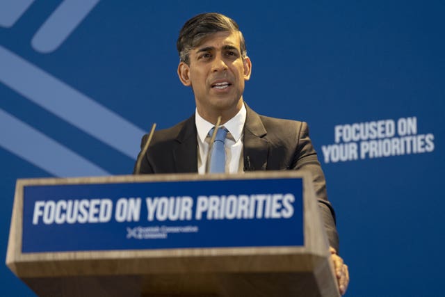 Rishi Sunak speaks at a podium at the launch the Scottish Conservative manifesto