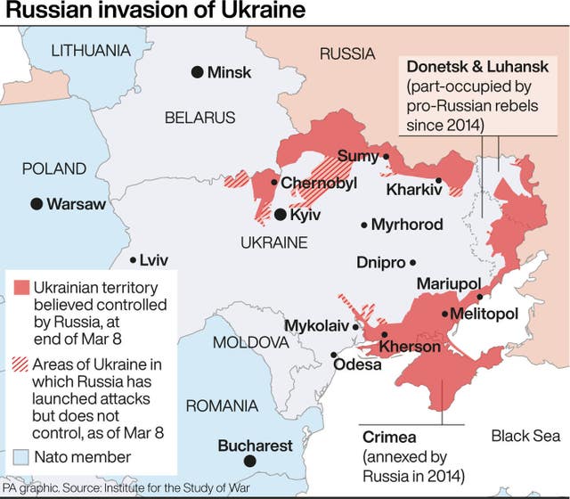 A map showing the Russian invasion of Ukraine