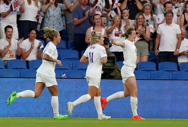 Ellen White, right, celebrates scoring against Norway at Euro 2022