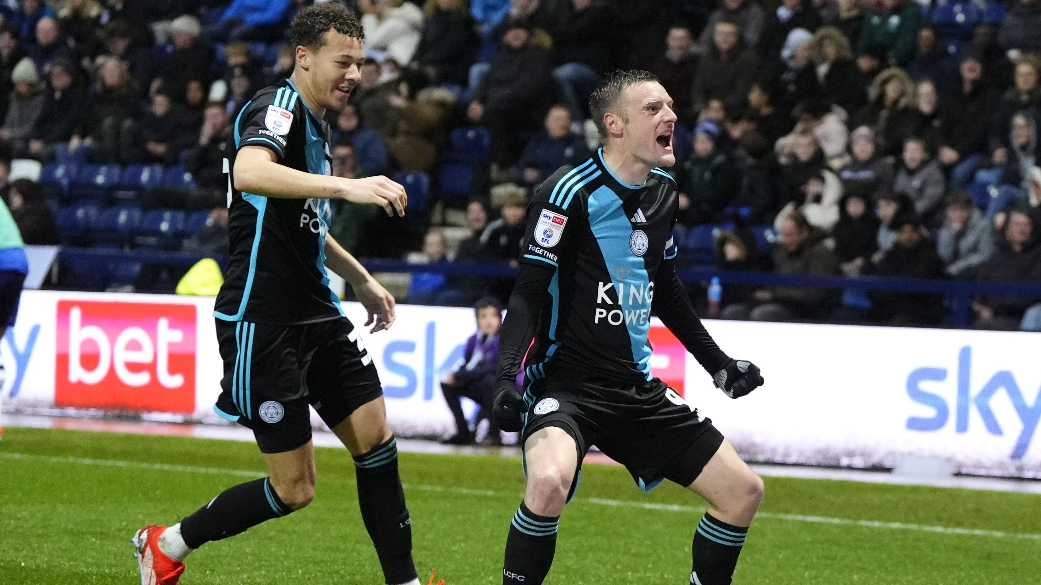 Leicester City’s Jamie Vardy celebrates scoring their side’s first goal of the game with Kasey McAteer (left) during the Sky Bet Championship match at Deepdale, Preston. Picture date: Monday April 29, 2024.