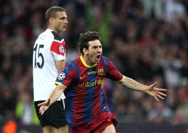 Lionel Messi celebrates scoring Barcelona's second goal in the 2011 Champions League final